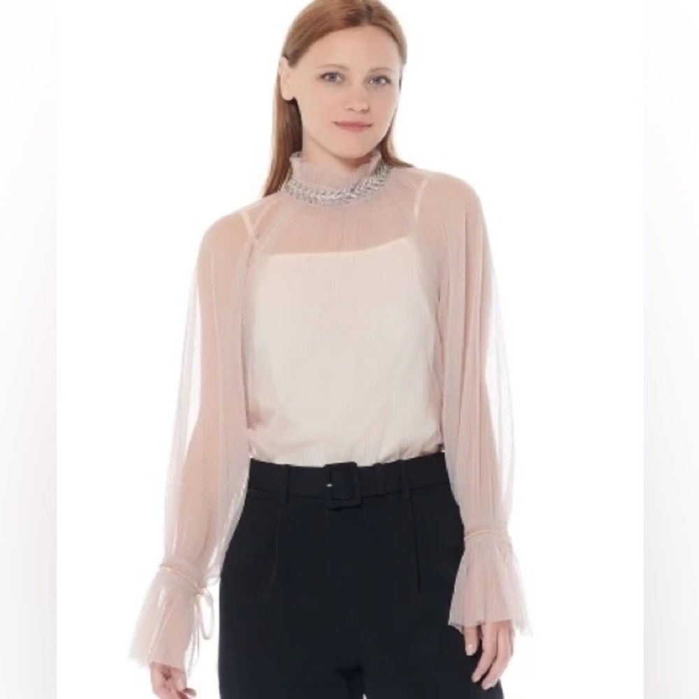 Gracia Beige Sheer Long Sleeve Top